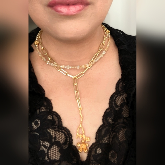 Natural Citrine And Gold Beads In Long Two Strand Gold Paperclip Necklace - Picture 12 of 12